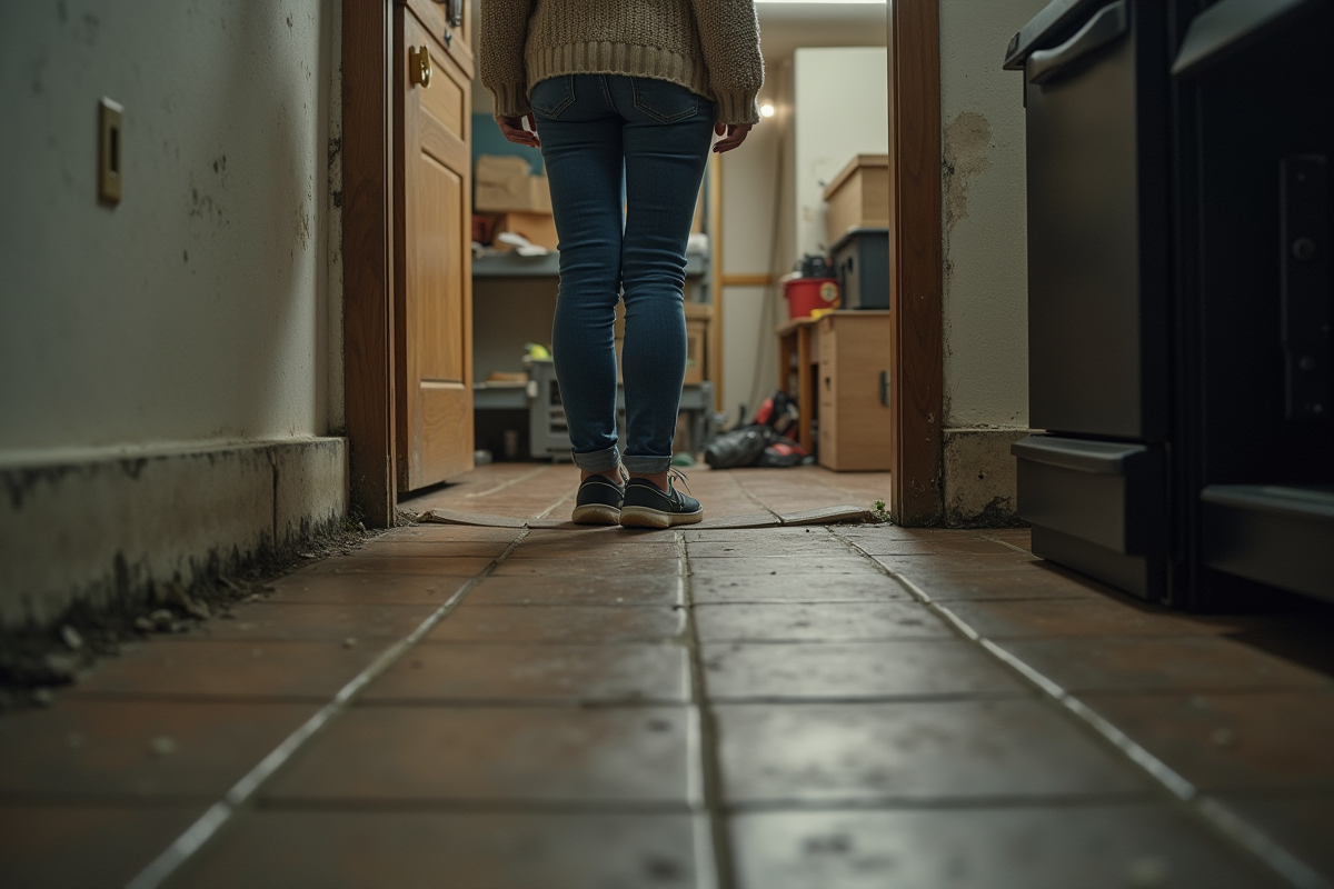 Jeune femme regarde un sol déformé dans un sous-sol sombre