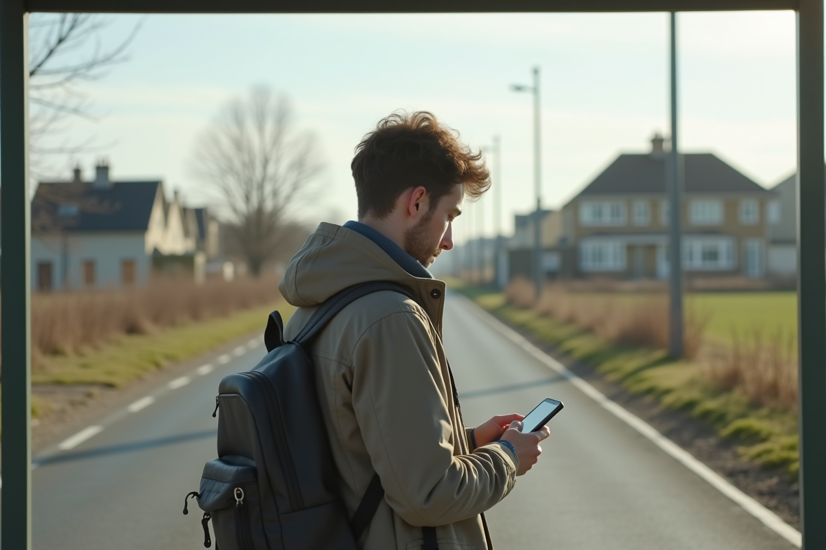Jeune homme attendant à un arrêt de bus en banlieue