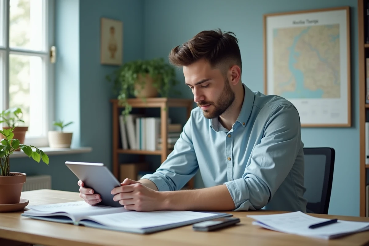 Jeune homme travaillant sur ses finances dans un bureau lumineux
