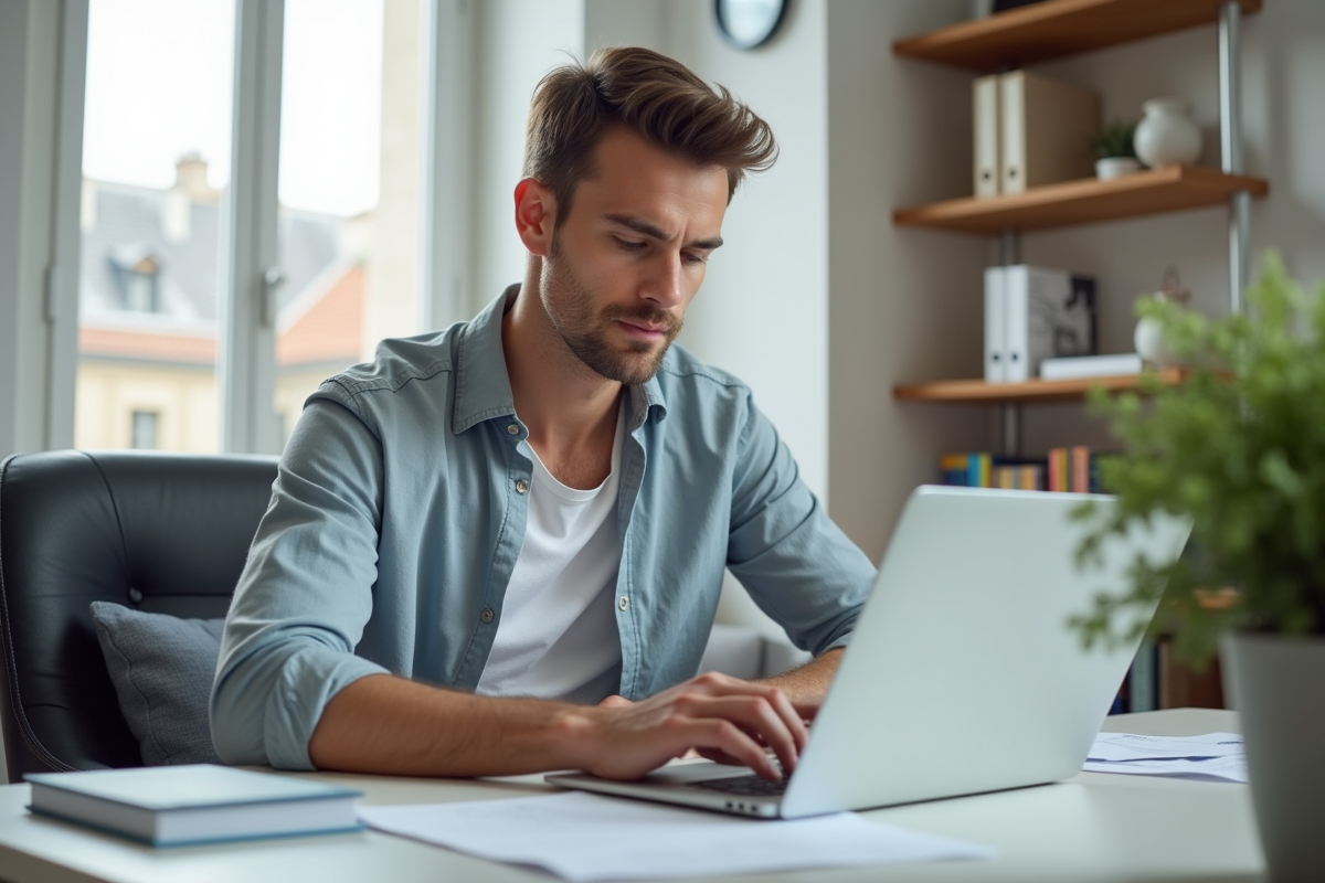 Jeune homme travaillant sur son ordinateur dans un bureau lumineux