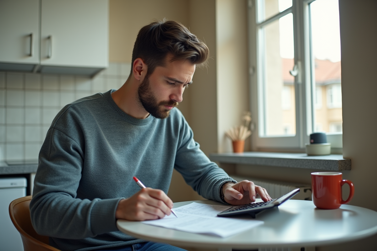 Jeune homme calcule et note des informations dans une cuisine lumineuse
