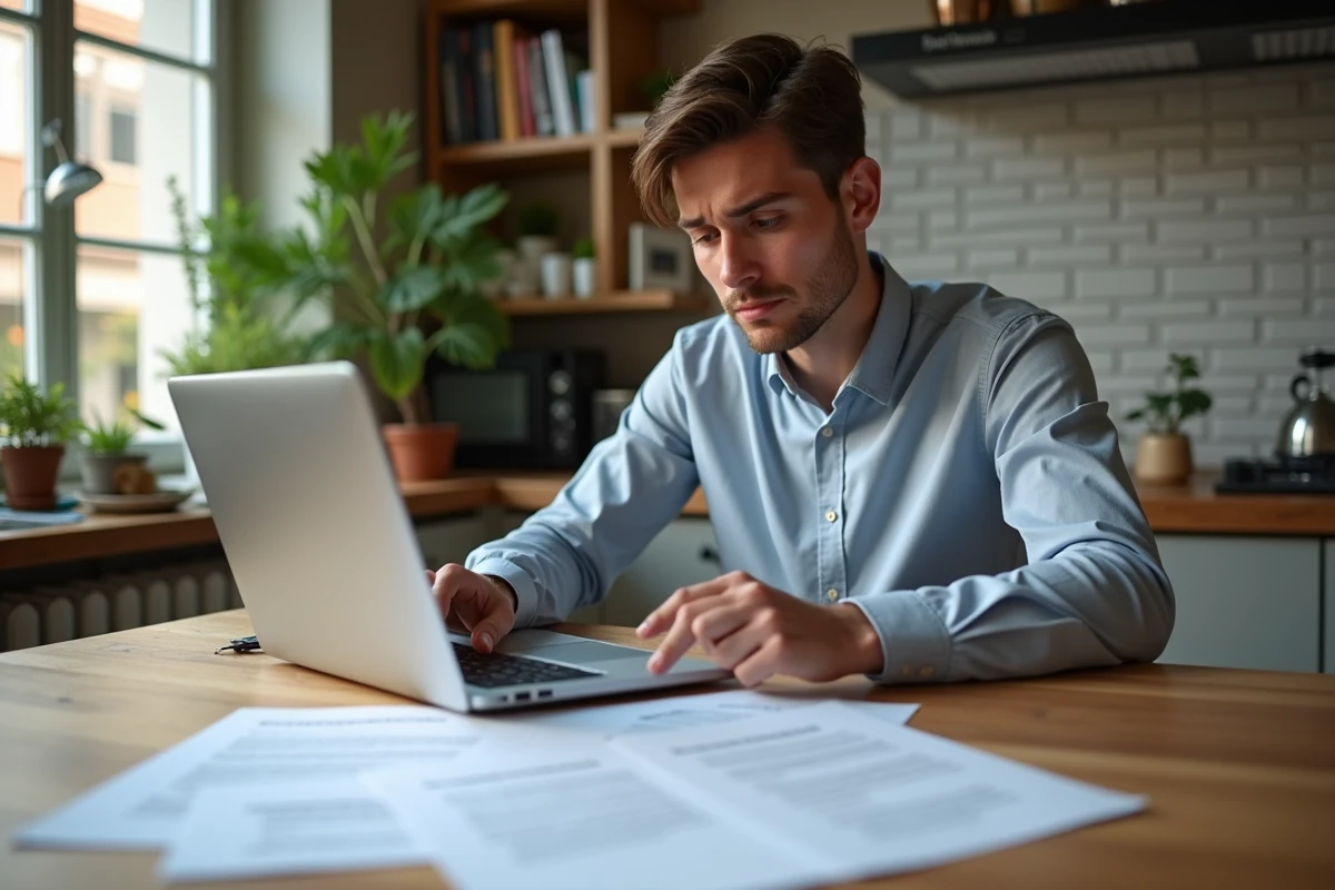 Jeune homme étudiant un contrat de location dans une cuisine