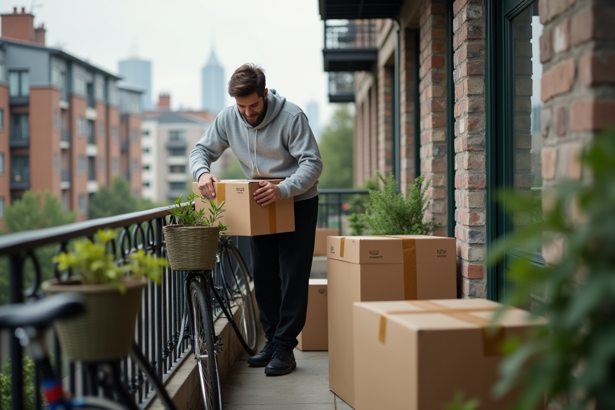 Jeune homme scellant une caisse sur un balcon urbain