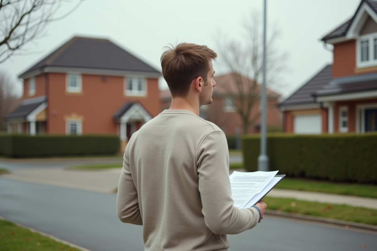 Jeune homme regarde des maisons dans une rue résidentielle