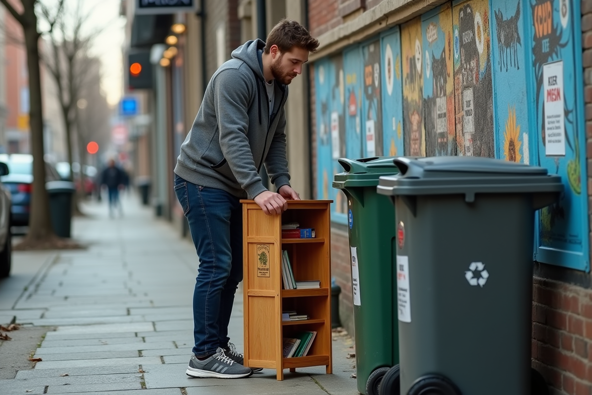 Jeune homme déposant une petite étagère près d