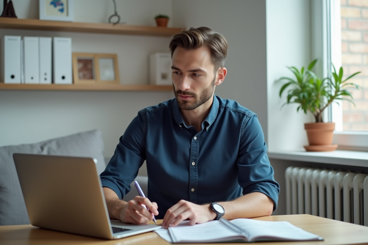 Jeune homme au travail avec ordinateur et annonces de location