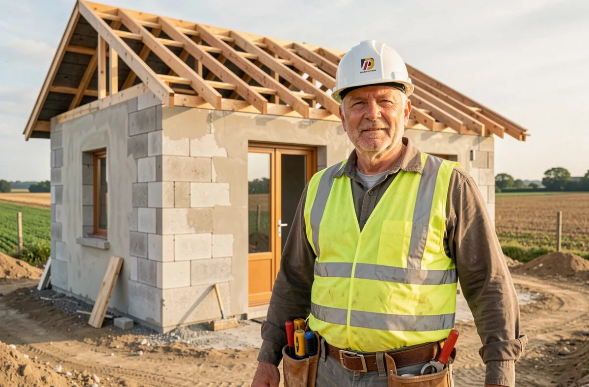Artisan constructeur devant un chantier de maison individuelle de La Maison des Bâtisseurs en Côte-d'Or