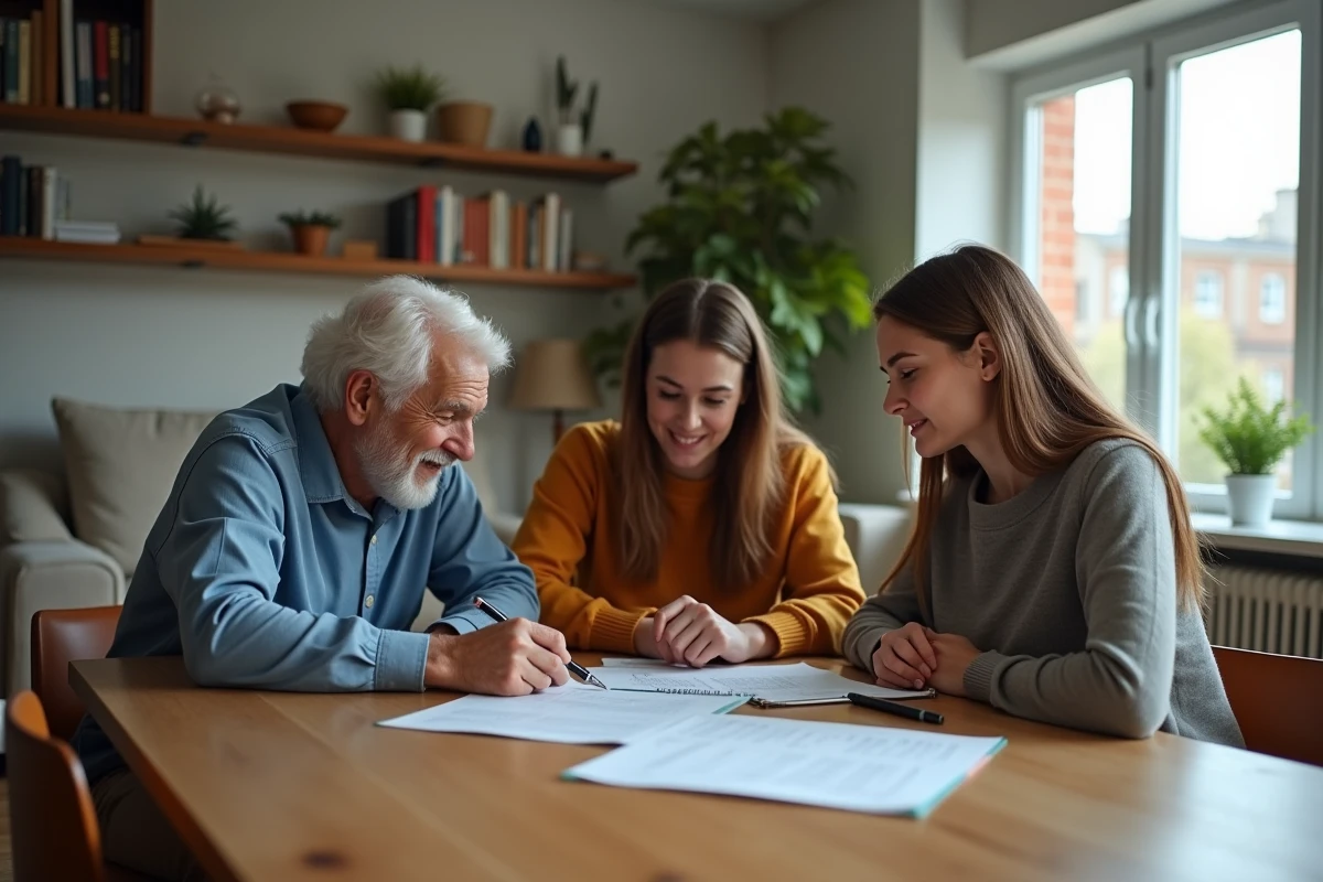 Couple étudiant un contrat de location avec un propriétaire âgé