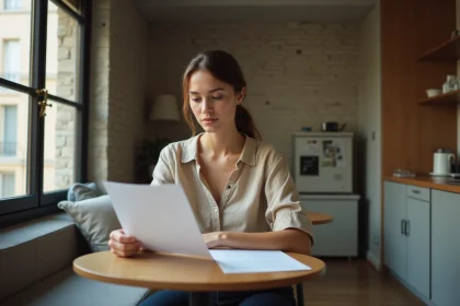 Locataire lisant un bail de location dans un appartement T1 bis parisien compact