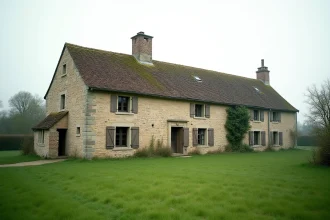 Longère normande en pierre avec toit en ardoise vue de l'extérieur dans un cadre rural verdoyant