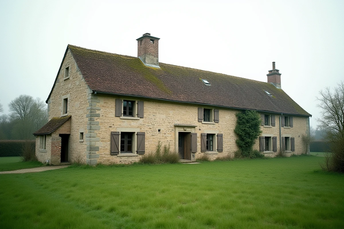 Longère normande en pierre avec toit en ardoise vue de l'extérieur dans un cadre rural verdoyant