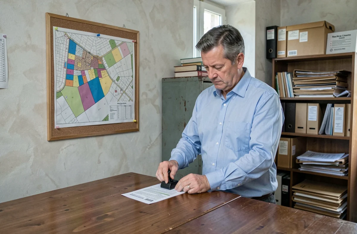 Employé municipal tamponnant un dossier de permis d'urbanisme pour installation de mobil-home en mairie