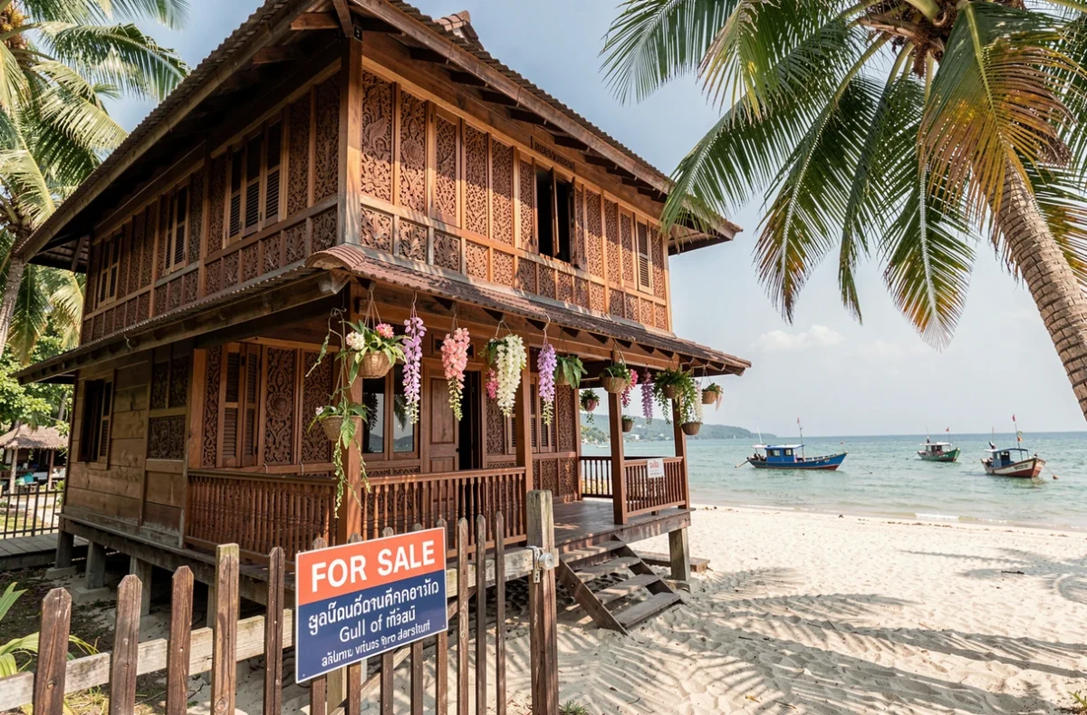 Maison thaïlandaise traditionnelle en bois à vendre en bord de mer avec panneau de vente et vue sur la plage