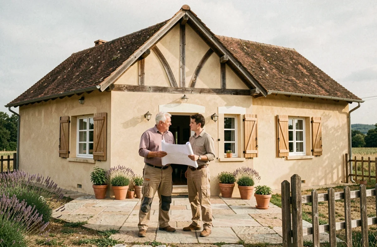 Propriétaire et architecte discutant devant une maison traditionnelle construite par Maisons Bruno Petit dans la campagne occitane