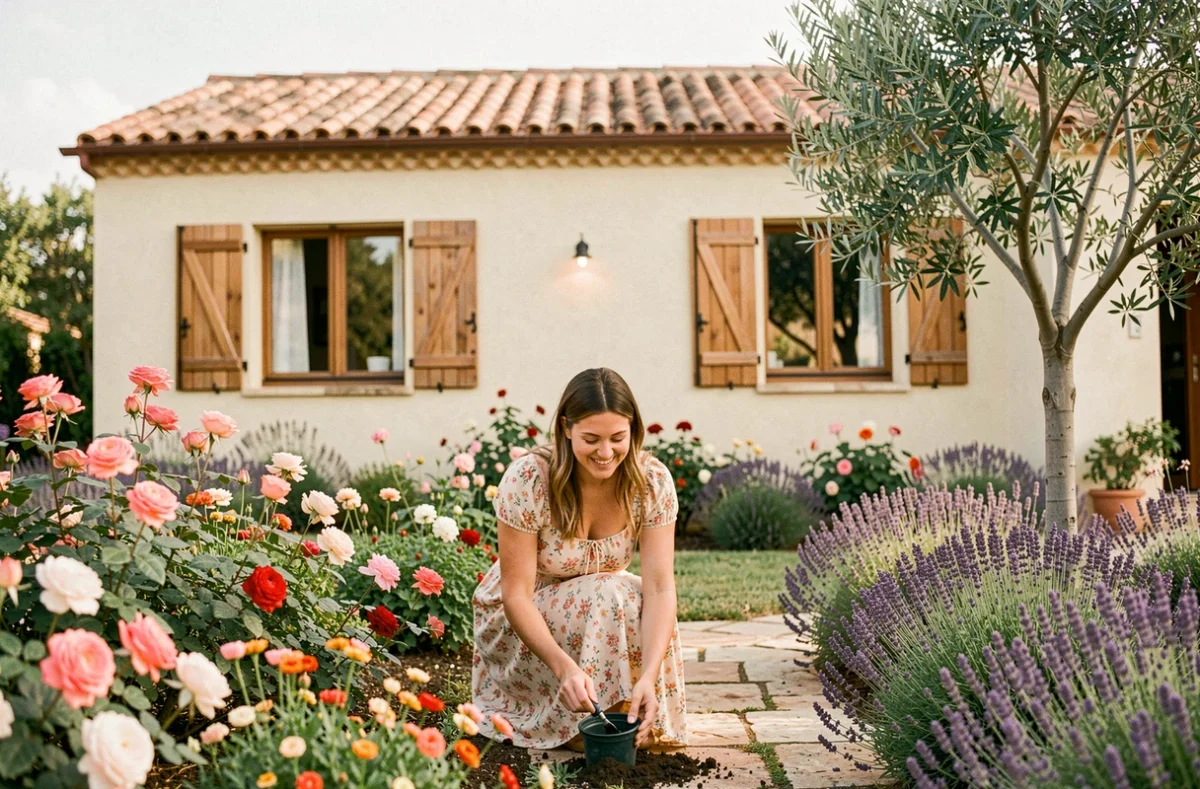 Jeune femme jardinant devant une maison de plain-pied construite par Maisons De Manon, avec volets en bois et tuiles de style occitan