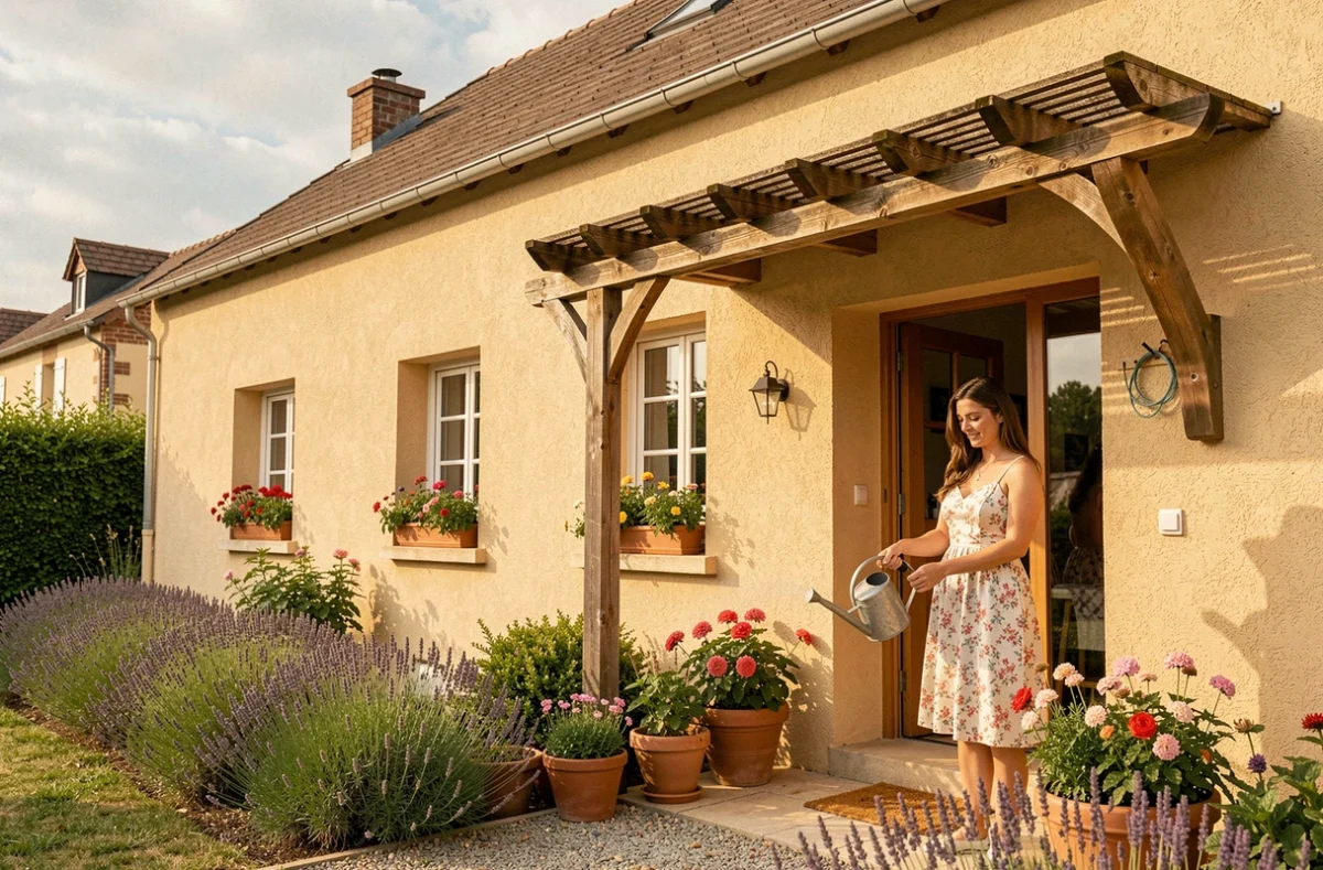 Jeune femme devant sa maison individuelle coquette construite par Maisons de Manon en Côte-d'Or