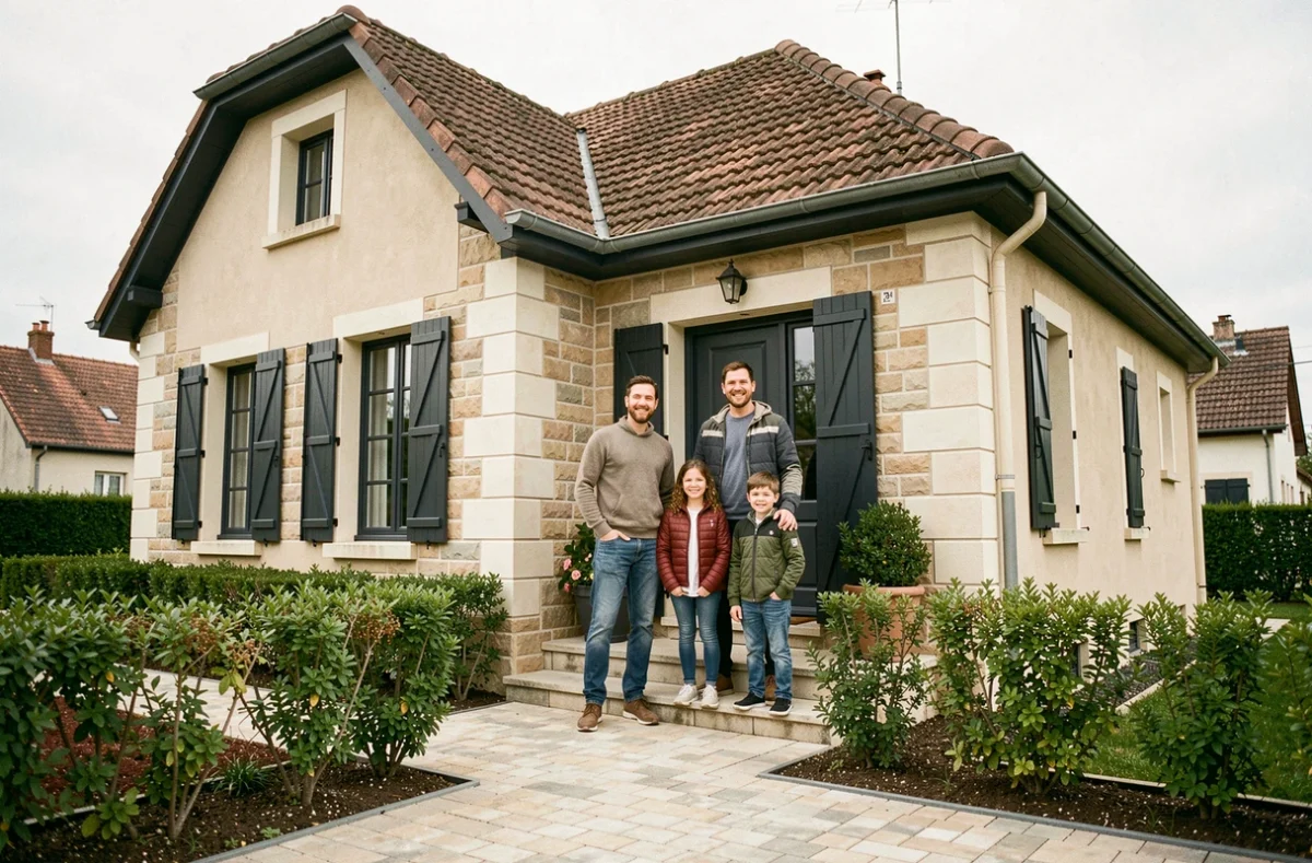 Famille devant une maison individuelle construite par Maisons d'en France Bourgogne près de Dijon