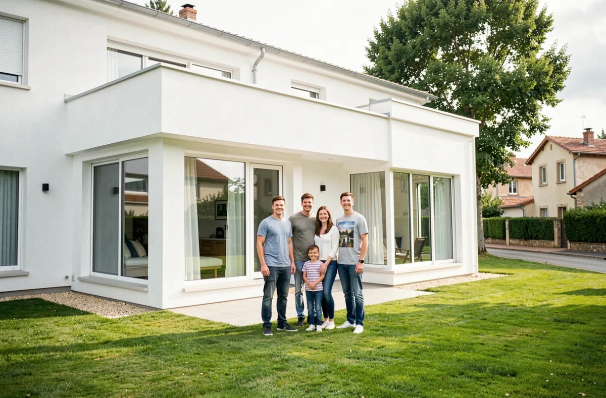 Famille souriante devant une maison moderne construite par Maisons France Confort dans un quartier résidentiel du sud de la France