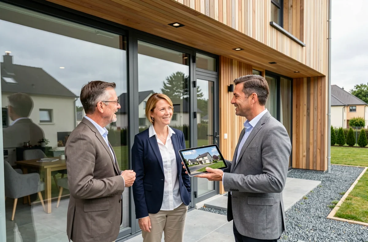 Clients discutant avec un conseiller Maisons France Confort devant une maison témoin en Côte-d'Or