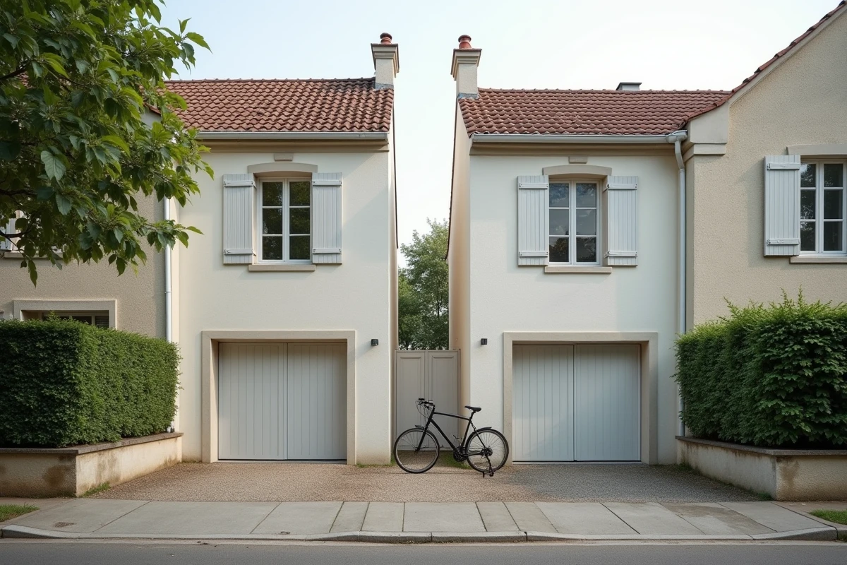 Deux maisons mitoyennes par le garage en zone pavillonnaire française avec mur de séparation visible