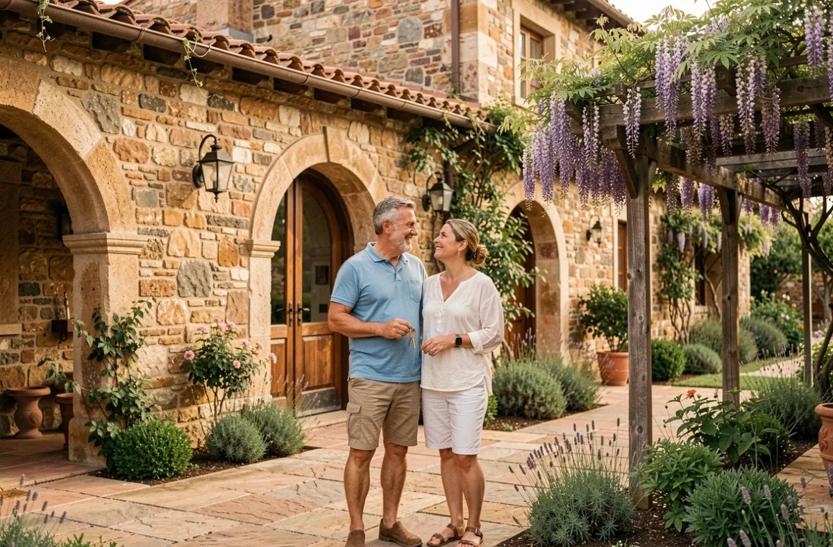 Couple devant une maison de style occitan construite par Maisons Terre d'Oc, avec façade en pierre et jardin méditerranéen