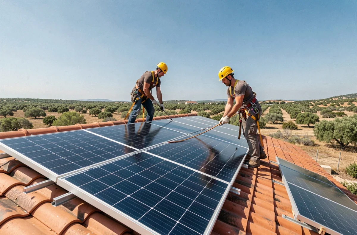 Deux installateurs fixant des panneaux solaires photovoltaïques sur le toit d'une maison dans l'Hérault
