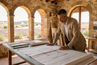 Architecte en Provence-Alpes-Côte d'Azur travaillant sur des plans dans un studio au caractère méditerranéen