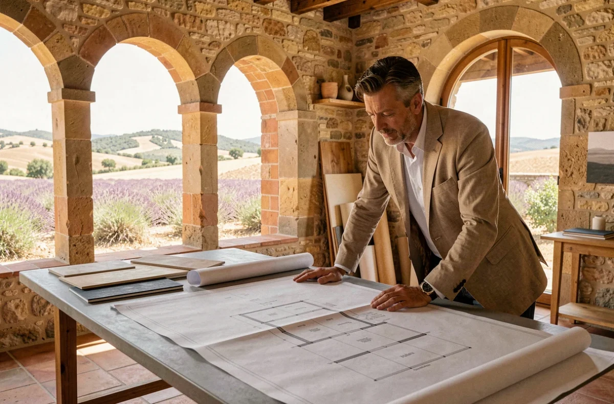 Architecte en Provence-Alpes-Côte d'Azur travaillant sur des plans dans un studio au caractère méditerranéen