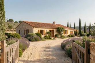 Maison individuelle traditionnelle en Occitanie avec toiture en tuiles et façade en pierre, entourée de végétation méditerranéenne