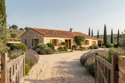 Maison individuelle traditionnelle en Occitanie avec toiture en tuiles et façade en pierre, entourée de végétation méditerranéenne
