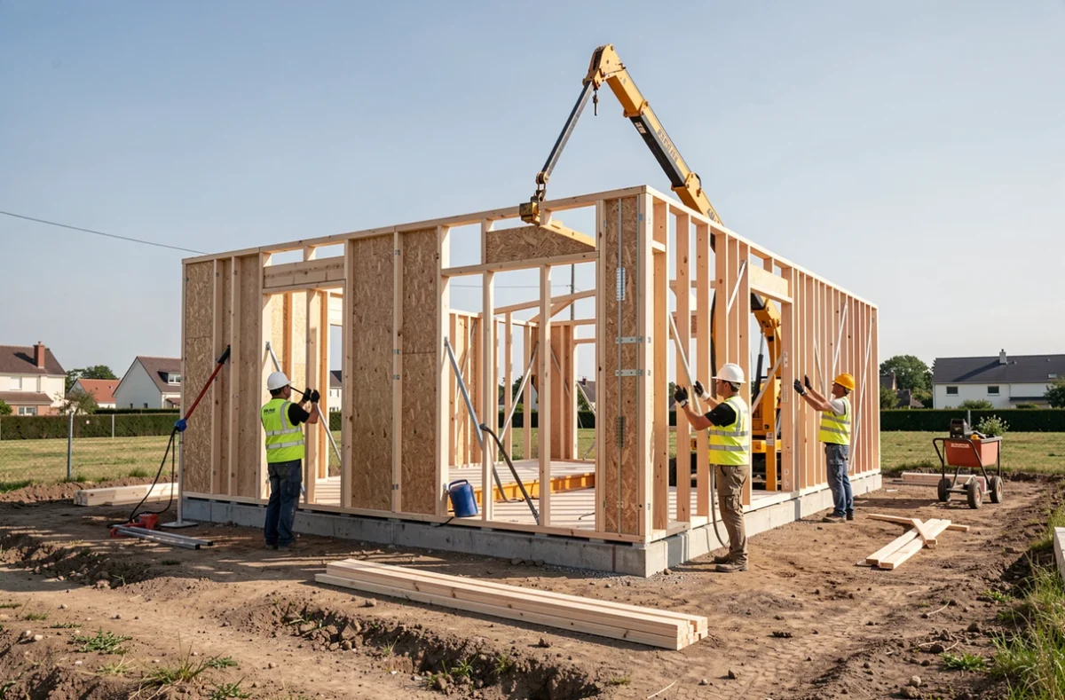 Chantier d'une maison à ossature bois Mikit en cours de montage en Côte-d'Or