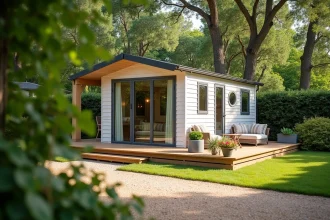 Mobil home moderne installé sur une parcelle de terrain privée entourée d'arbres et d'une clôture en bois