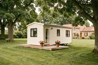 Mobil-home moderne installé sur un terrain familial en milieu rural avec terrasse en bois et végétation