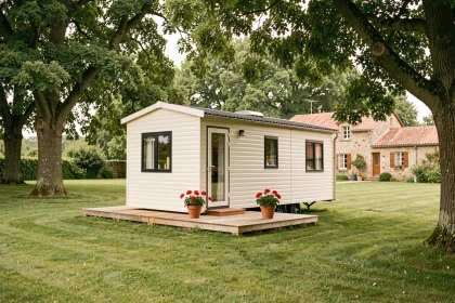 Mobil-home moderne installé sur un terrain familial en milieu rural avec terrasse en bois et végétation