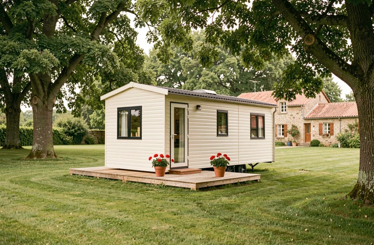Mobil-home moderne installé sur un terrain familial en milieu rural avec terrasse en bois et végétation