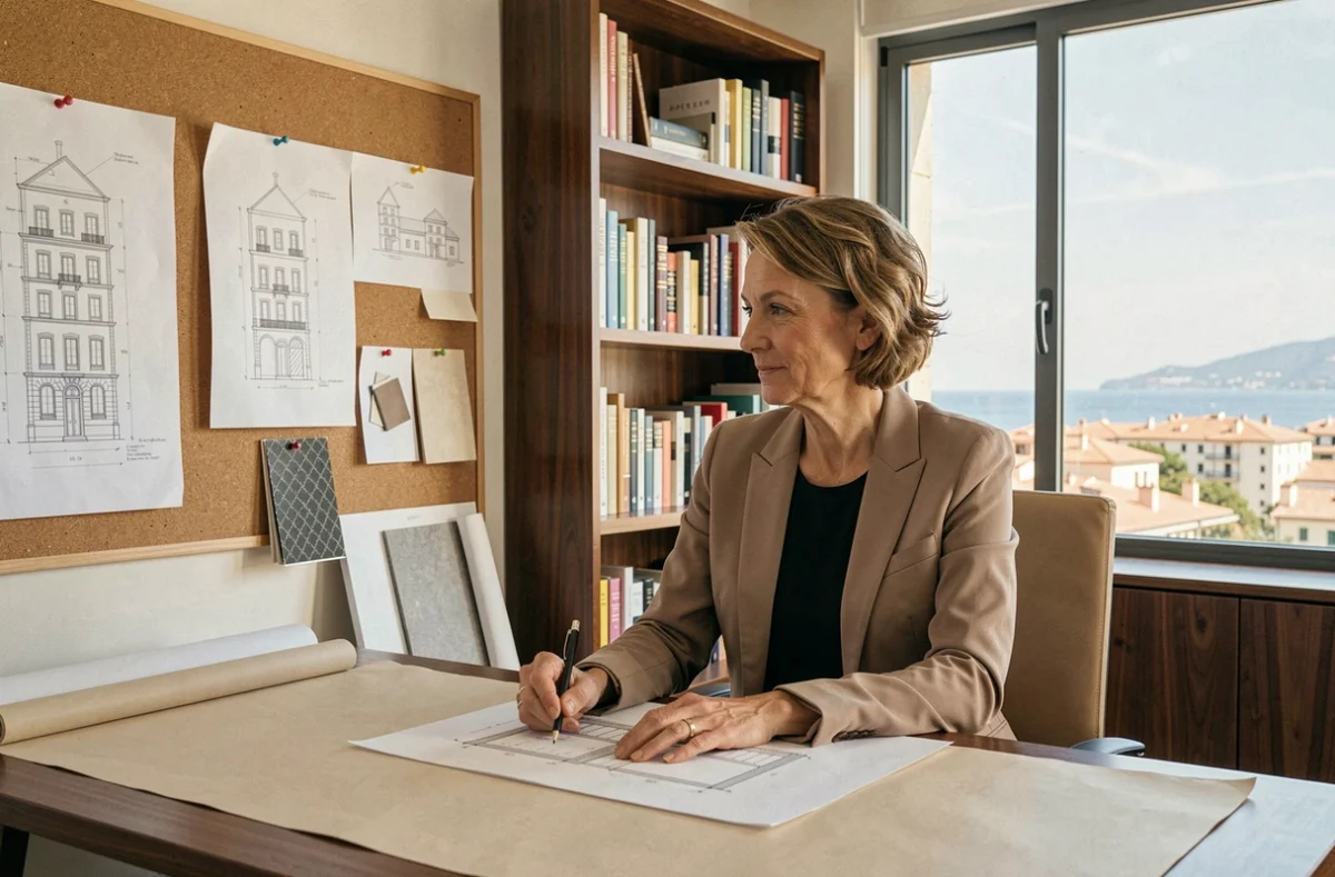 Nathalie Borowsky architecte à son bureau d'études à Cannes entourée de plans et d'échantillons de matériaux