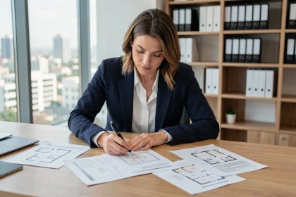 Femme professionnelle analysant des annonces immobilières dans une agence moderne pour négocier efficacement un appartement