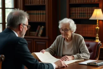 Une femme âgée et un notaire examinent un contrat de viager sans bouquet dans un bureau notarial classique
