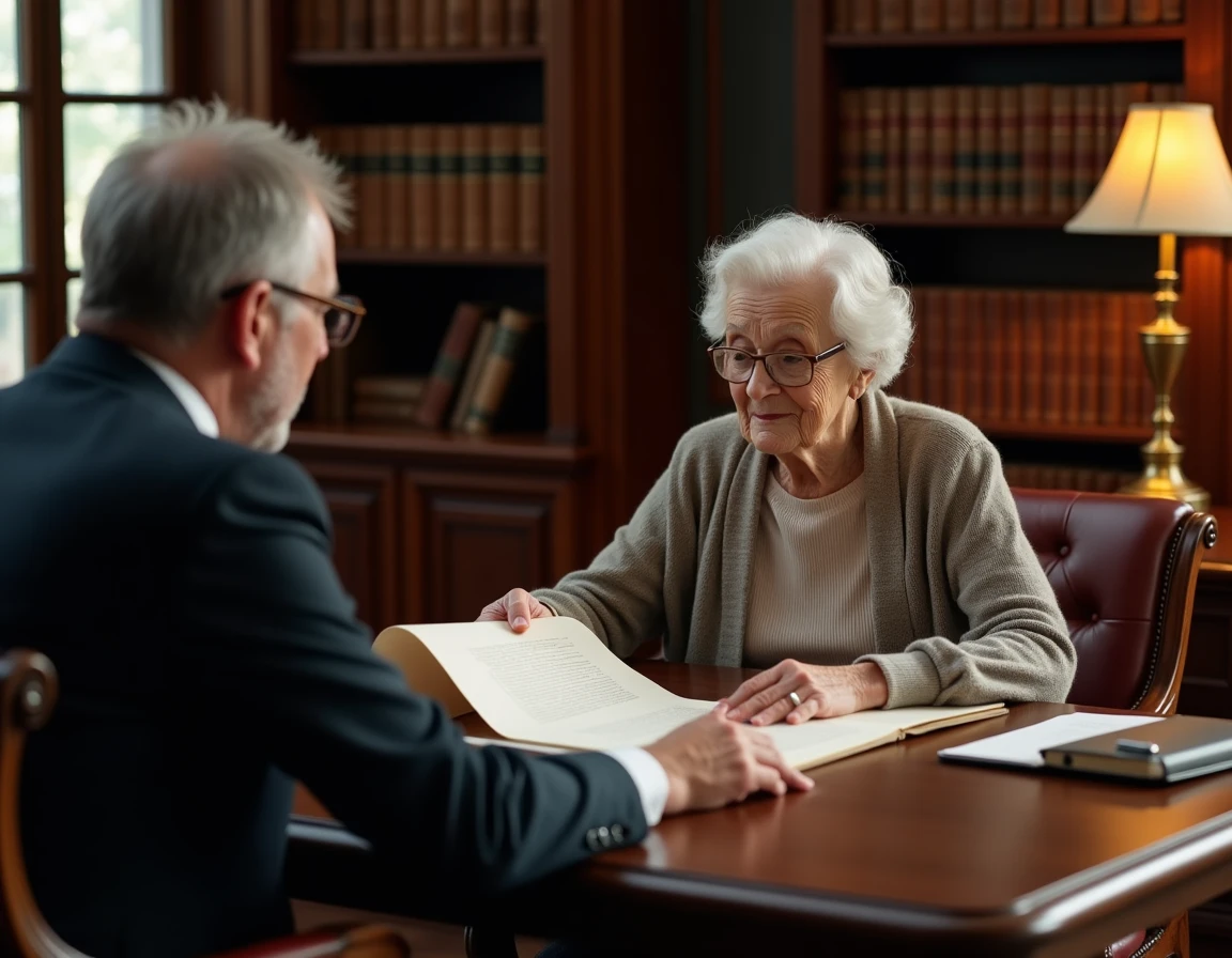Une femme âgée et un notaire examinent un contrat de viager sans bouquet dans un bureau notarial classique