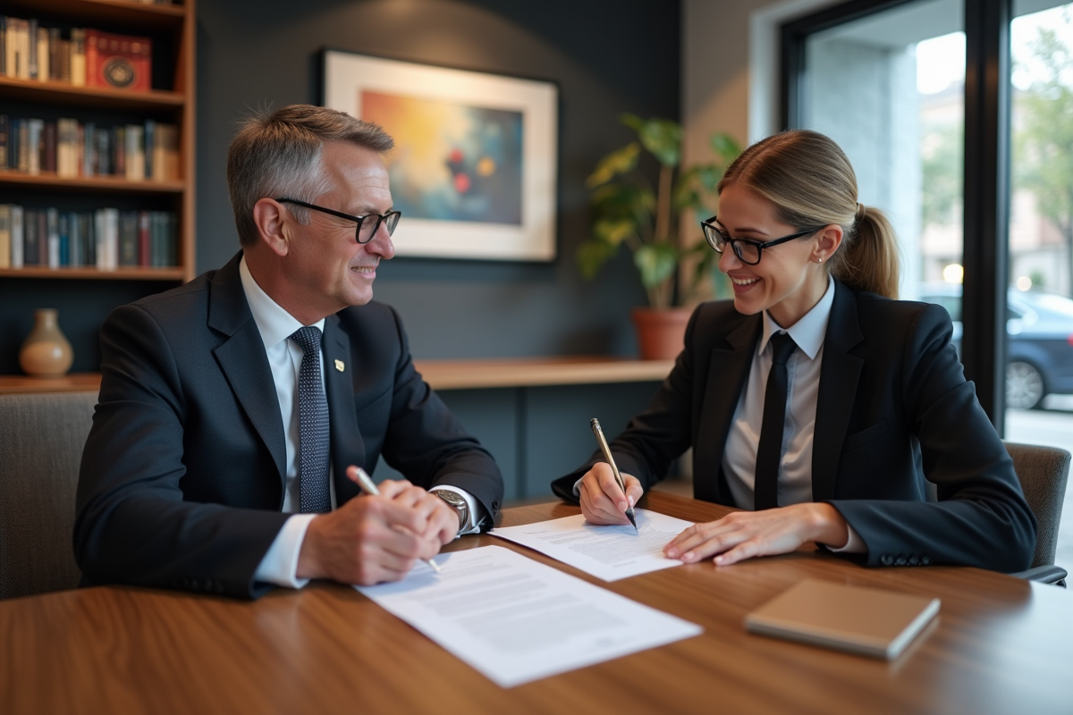 Couple en réunion notariale avec documents officiels