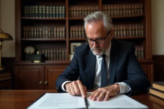 Notaire en costume marine examinant un formulaire cerfa administratif sur un bureau en chêne dans une étude notariale traditionnelle