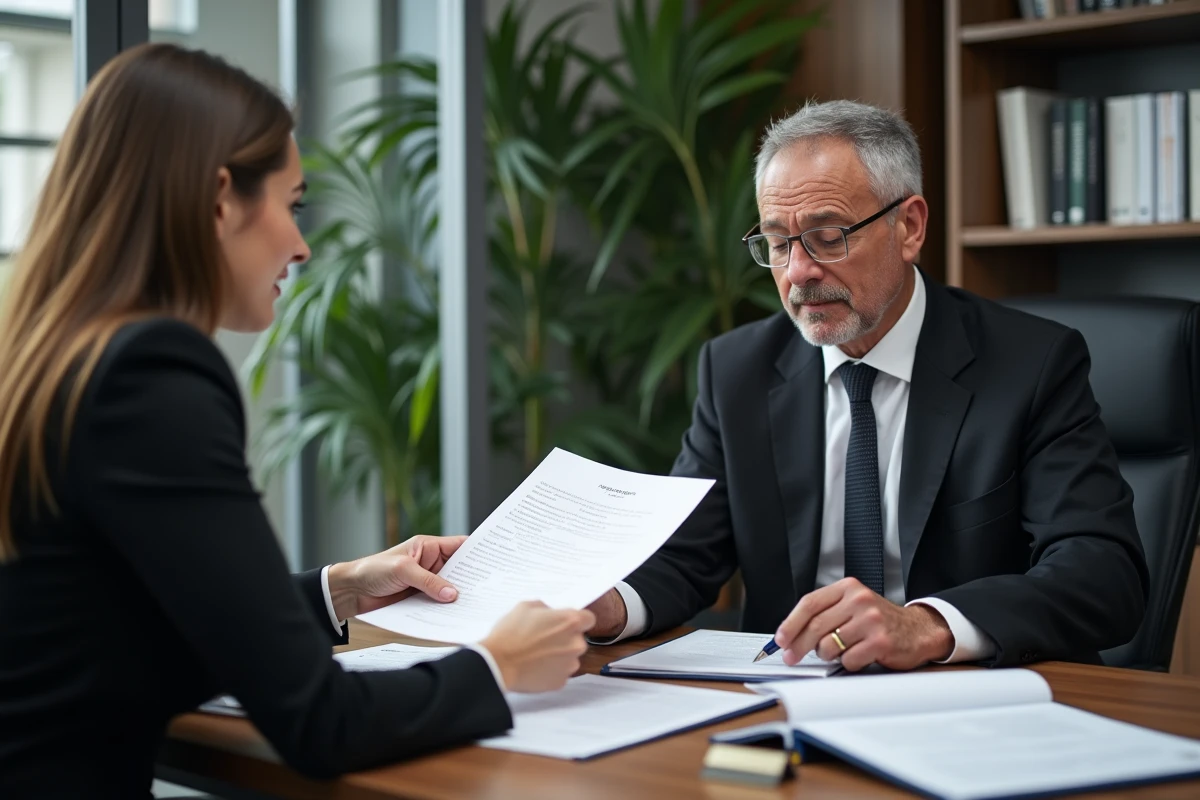 Un notaire remet des documents à une jeune femme dans un bureau moderne