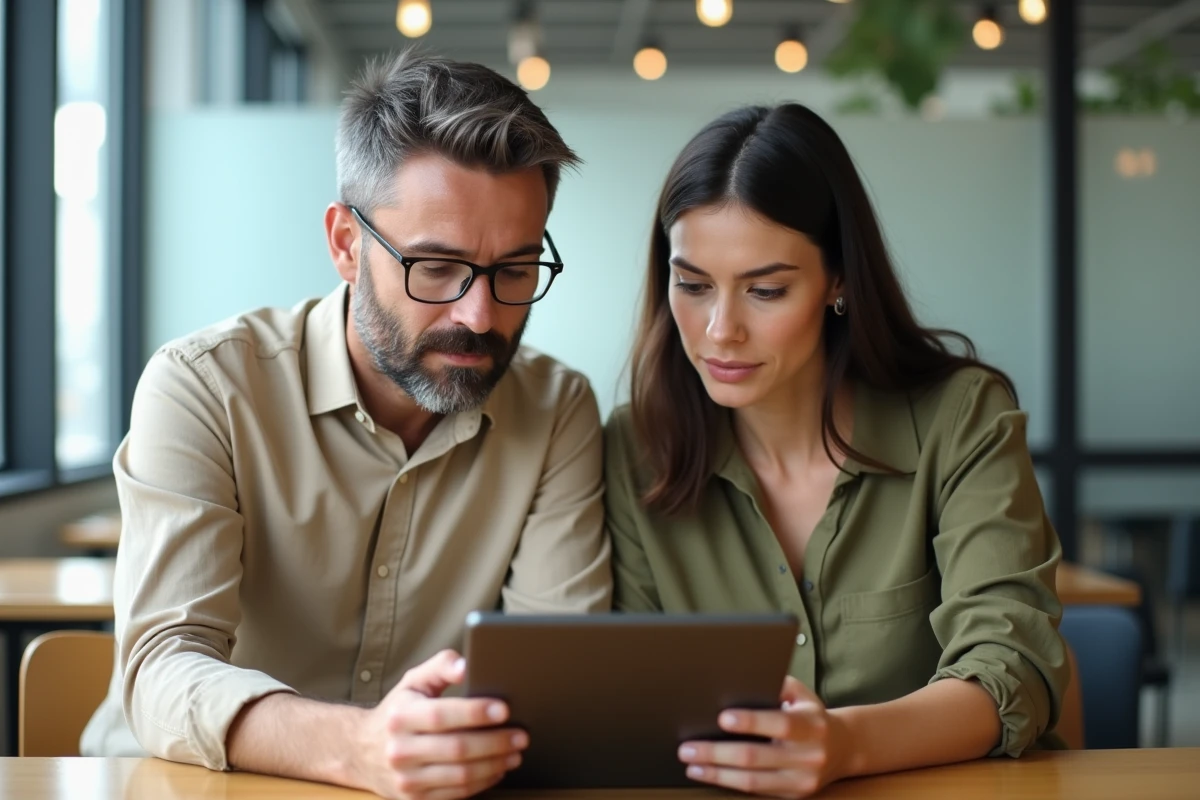 Deux personnes consultant les nouveautés et changements de la plateforme Alin 2026 sur une tablette dans un espace de coworking