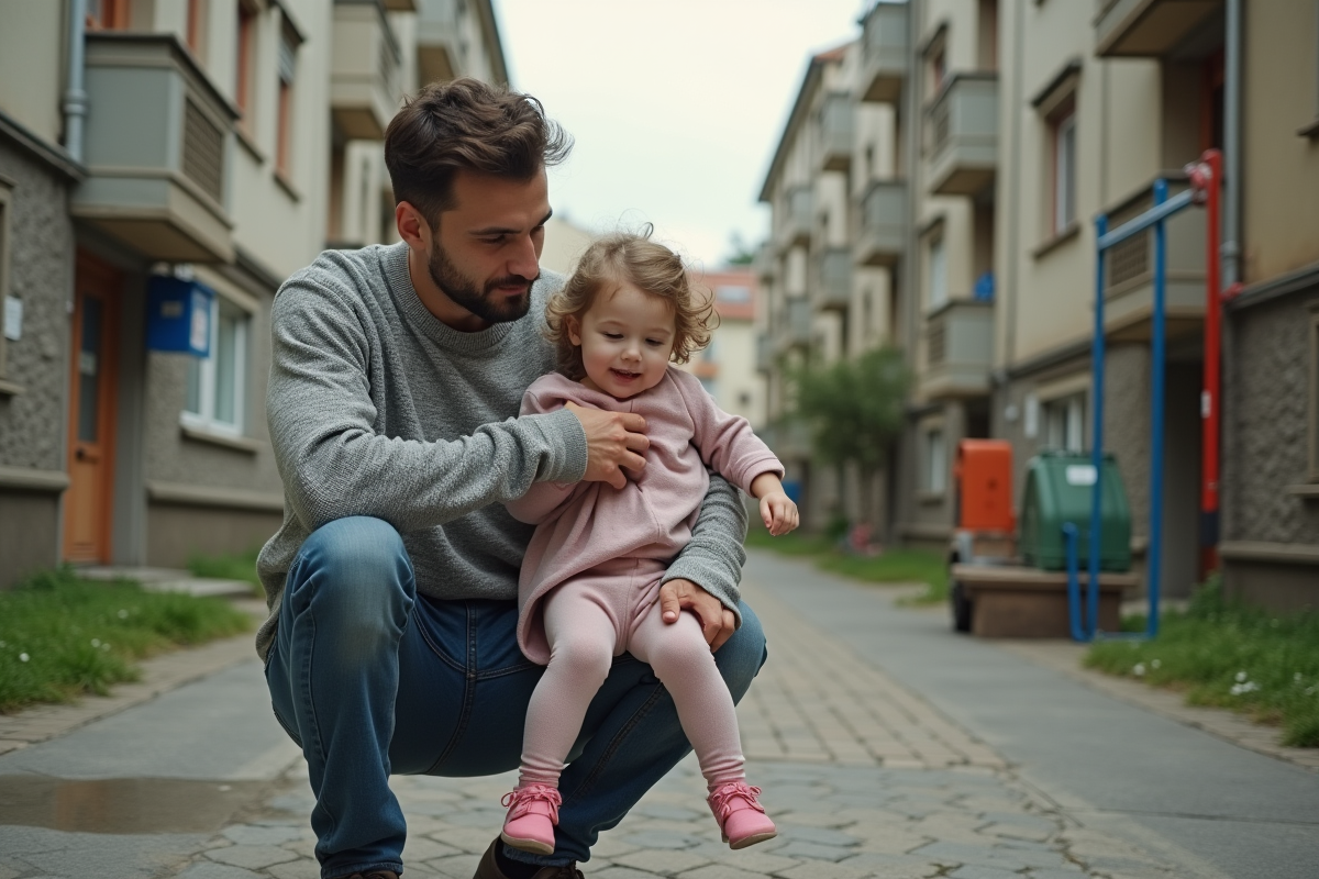Père et fille jouent dans une cour résidentielle