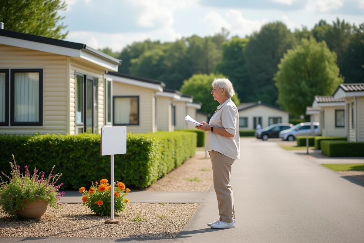 Femme consultant un document devant une pancarte immobilière dans un parc résidentiel de loisirs