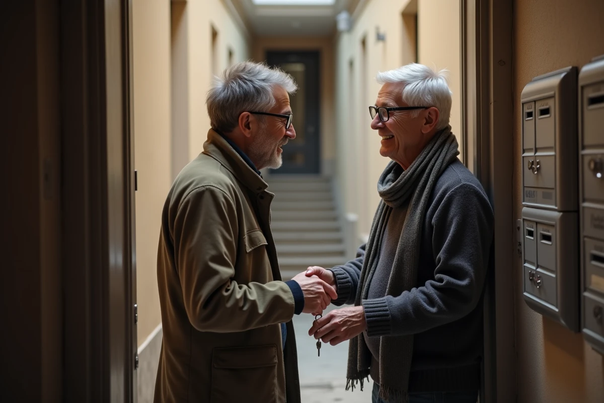 Homme âgé remettant des clés à un jeune dans un hall d