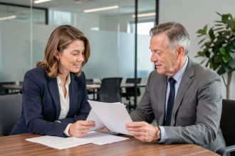 Partenaires professionnels examinant des documents de présentation d'entreprise lors d'une réunion en salle de conférence moderne