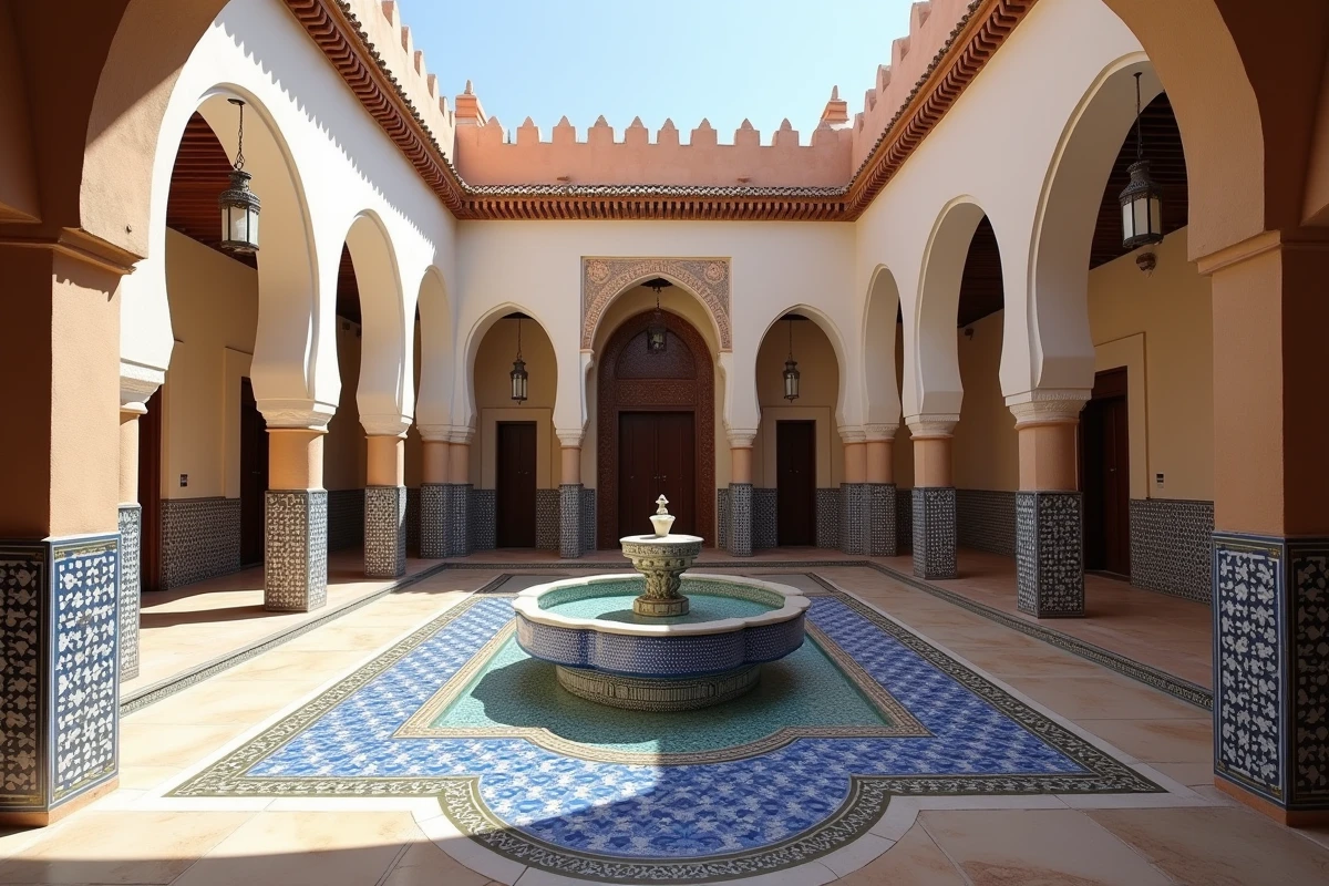 Patio intérieur d'une villa de luxe à Marrakech Targa avec fontaine en zellige et colonnes en bois de cèdre sculpté