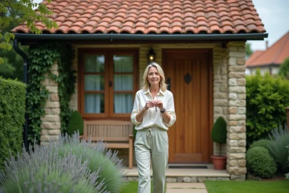Femme tenant des clés devant une petite maison avec jardin à louer entre particuliers