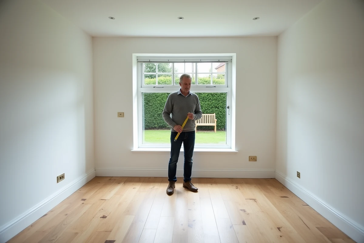 Homme mesurant une pièce vide dans une petite maison à louer avec jardin visible par la fenêtre